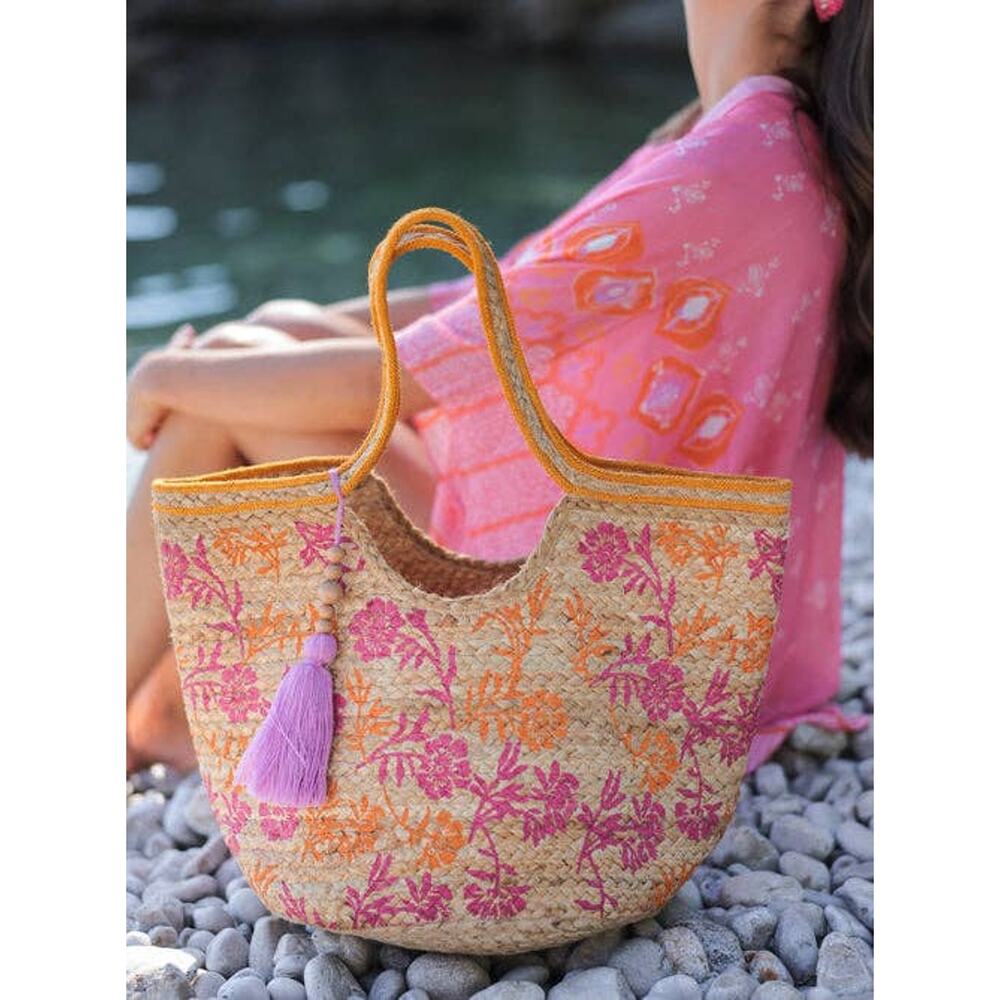 Shiraleah Graziella Floral Jute Tote Tassel Resort Beach Bag NWT